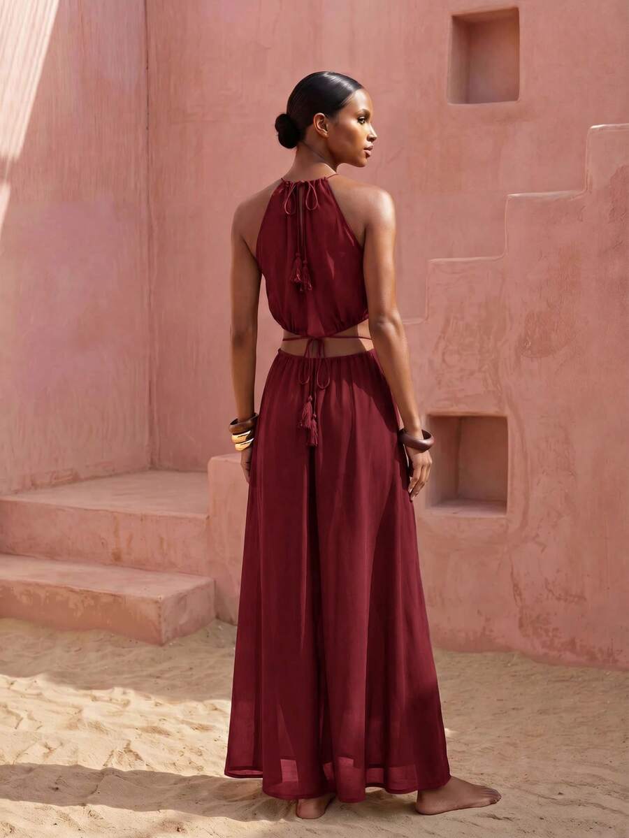 Zivah Women's Solid Color Pleated Hollow Out Casual Vacation Cover-Up Halter Neck Dress - Burgundy - View 1