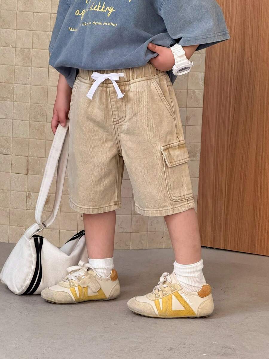 SHEIN 兒童小男孩抽繩腰休閒百搭日常牛仔短褲 - 卡其色 - 查看 1