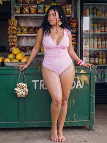 Bellisia Plus Size Women's Striped Front Tie Sexy One-Piece Swimsuit For Vacation - Pink - View 3