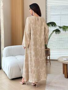 Yasmyna Spring/Autumn Round Neck Rubber Print Khaki Dress Saudi National Day Female Country Look Fall/Winter - Khaki - View 4
