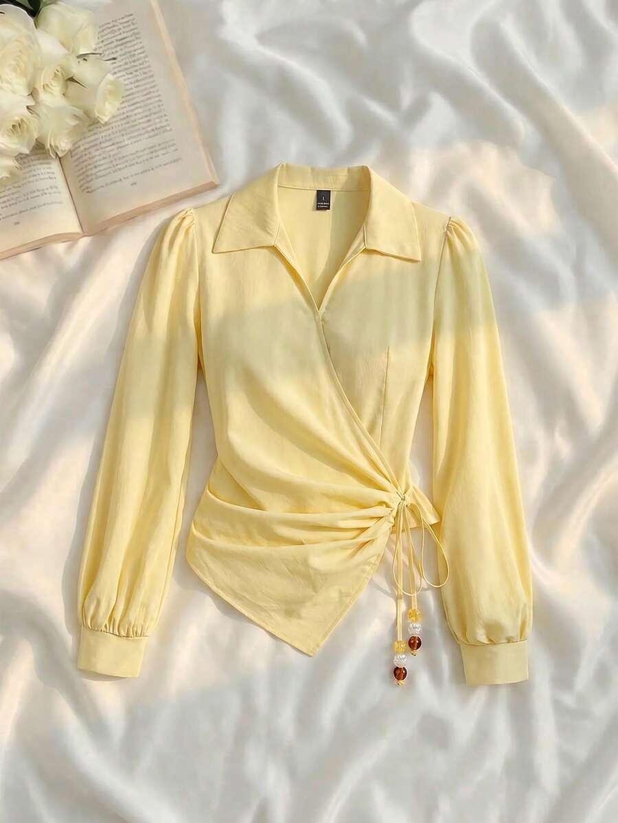 SHEIN MOD 女款休閒法式優雅通勤辦公工作早午餐純色綁帶襯衫 教師節 淡黃色 秋季返校校園 - 黃色 - 查看 1