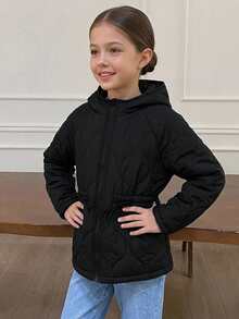 Dazy Kids Tween Girl Solid Color Raglan Long Sleeve Zip-Up Hooded Winter Jacket - Black - View 3