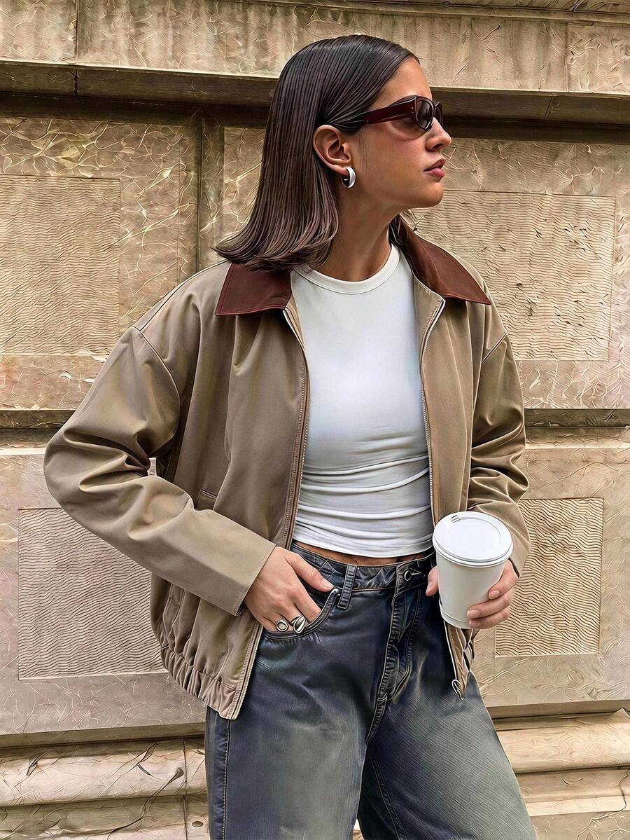 Aloruh 女款優雅通勤休閒拼色領長袖夾克，初秋薄款外套