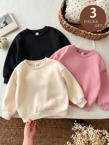 SHEIN LMoss Kids 女童 3件組 針織素色圓領寬鬆休閒秋季衛衣套裝 - 黑色 - 查看 6