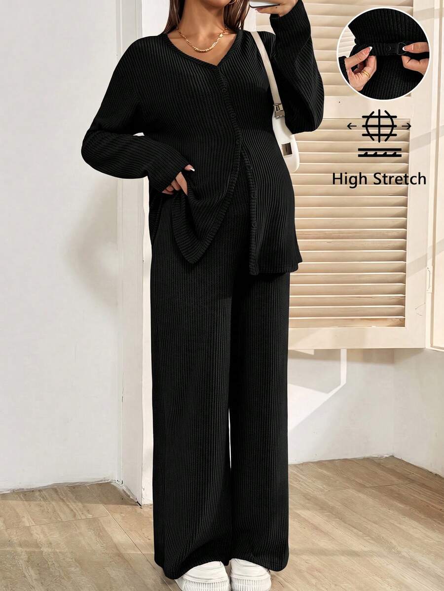 SHEIN 孕婦純色長袖上衣與可調腰長褲休閒日常兩件套 - 黑色 - 查看 1