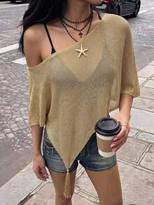 SHEIN ICON 女款純色不對稱領休閒百搭日常針織上衣 - 金色 - 查看 3