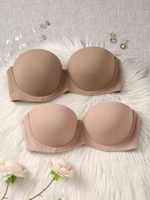 Rovax 2pcs/Set Women's Solid Color Simple Casual Wire-Free Bra - Apricot - View 3