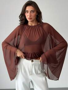 Aloruh Women's Elegant Sexy Crew Neck Multi-Layer Ruffle Hem Loose Bell Sleeve Knit Mesh Long Sleeve T-Shirt Date Night Night Out Dark Brown Summer - Brown - View 4