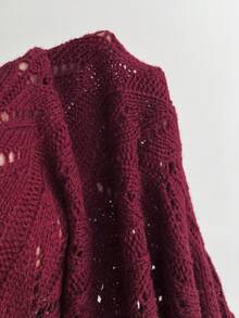 Elamini Burgundy Hollow Out Turtleneck Sweater, Women Batwing Long Sleeve Ribbed Hem Going Out Date Autumn Elegant - Burgundy - View 7
