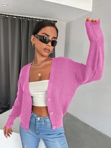 EURMUSE Women's Solid Color Drop Shoulder Cardigan - Hot Pink - View 3