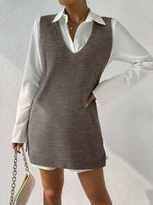 EURMUSE Women's Solid Color V-Neck Sleeveless Sweater Dress - Mocha Brown - View 5