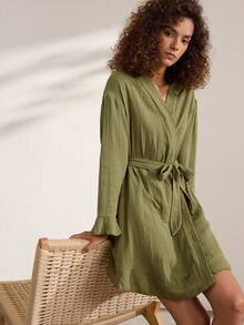 Ocili Comfortable Pure Cotton Soft Mesh Double Layer Robe Women's Loungewear Long Robe With Frill Trim - Dark Green - View 7