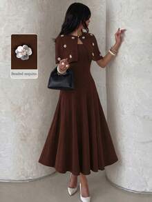 NOVVYNE Women's Brown Knitted Cardigan With 3D Beaded Embellishments, Elegant Romantic Small Shawl And Waist-Cinching A-Line Sleeveless Elegant Romantic Dress 2 Pieces Set - Apricot - View 8