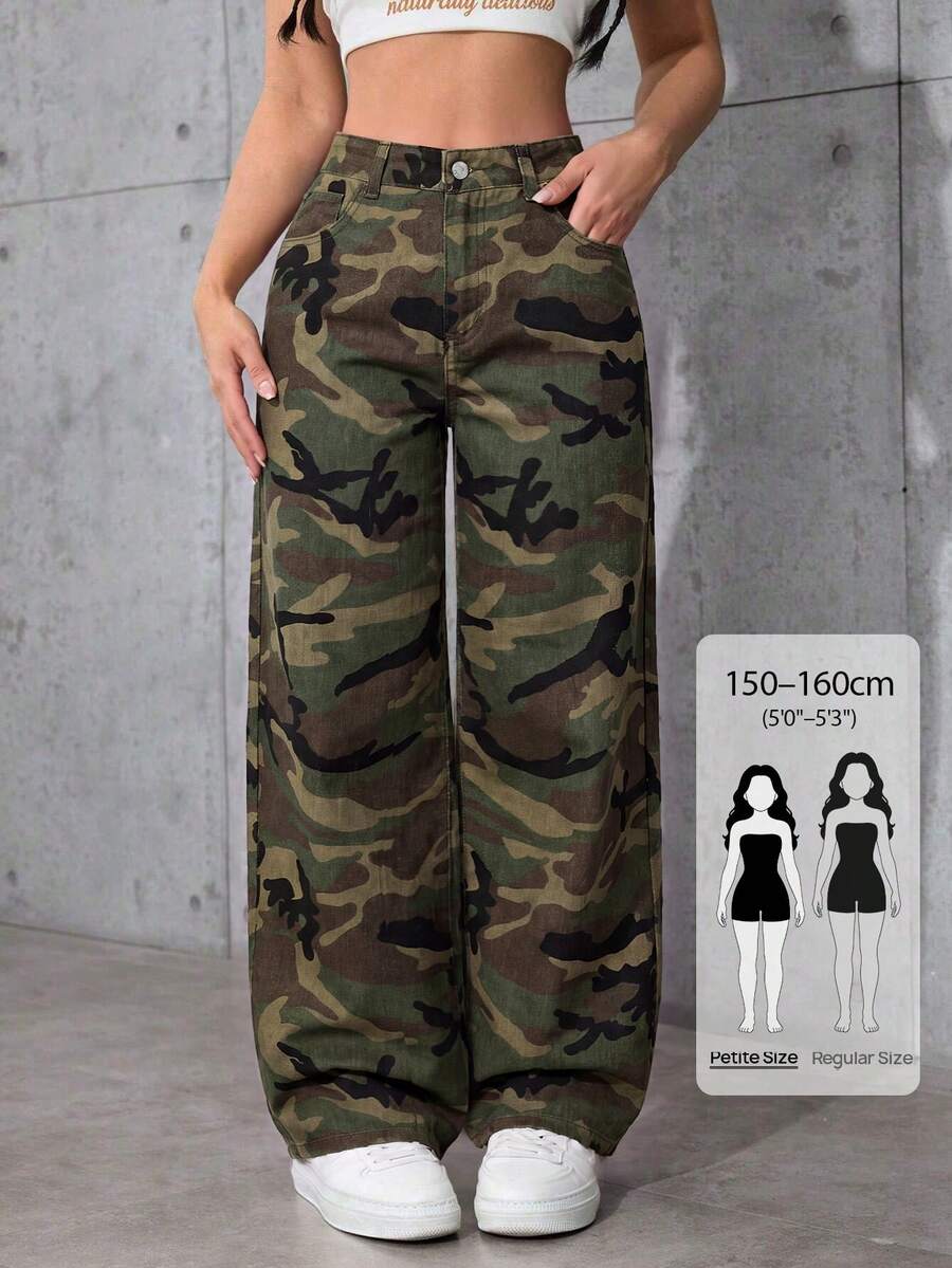 SHEIN PETITE 女士迷彩印花阔腿牛仔裤 - 彩色 - 查看 1