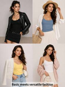 SHEIN BASICS 1件女款純色修身休閒細肩帶背心上衣 白色上衣 - 藍色 - 查看 14