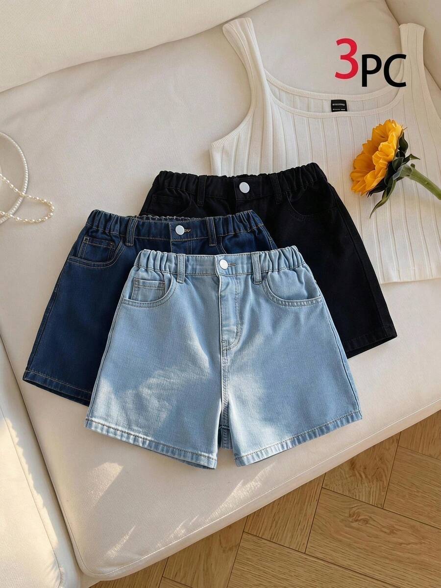 SHEIN Girls' Casual Loose Fit Multi-Pack All-Match Denim Shorts