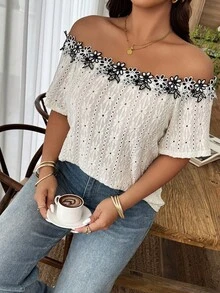 Weeklong Plus Size Women's Casual Off-Shoulder Contrast Color Ruffle Decor Textured Knit T-Shirt, Spring/Summer - Apricot - View 3