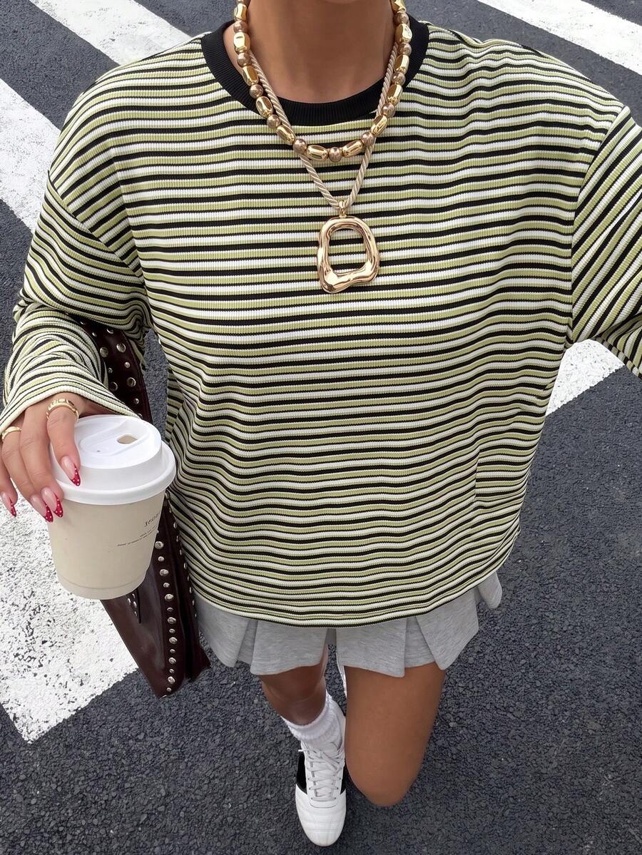 SHEIN EZwear 大尺碼秋季休閒條紋落肩寬鬆版型T恤 - 彩色 - 查看 1