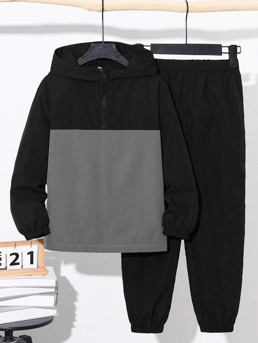 SHEIN 兒童青少年男孩半拉鍊連帽外套與慢跑長褲2件套,休閒運動風,適合秋冬、聖誕節、感恩節 - 黑色 - 查看 1