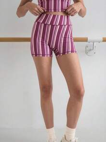 Nöista Part Of A Set. High-Waist Shorts In Burgundy And Lavender Multi Stripe Print. Perfect For Activewear, Barre, Yoga, Workout And Gym., Back To School - Purple - View 8
