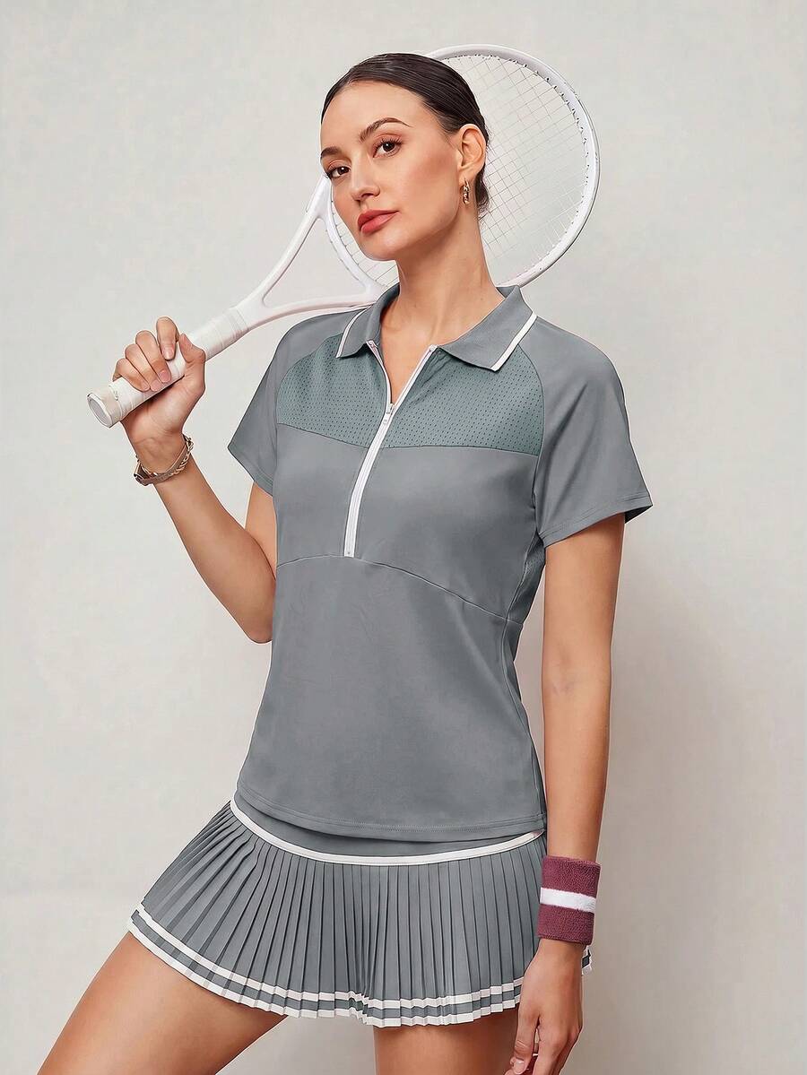 Activina 女款拉鍊設計插肩袖短袖休閒健身運動 Polo 衫 - 灰色 - 查看 1