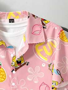 SpongeBob SquarePants | SHEIN Daypath 男士全印花單排扣休閒短袖襯衫，適合日常穿著 - 粉色 - 查看 4