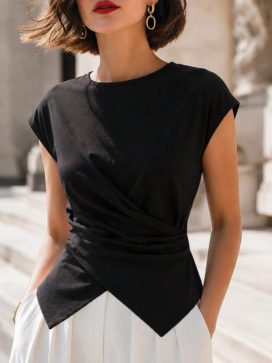 SHEIN All-Season Black Slim Fit Flattering Knit Women's Top, Elegant Commute Business Women's T-Shirt, Office Women's Top