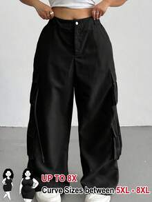 SHEIN CURVE+ 大码女式休闲通勤黑色工装裤 - 黑色 - 查看 1