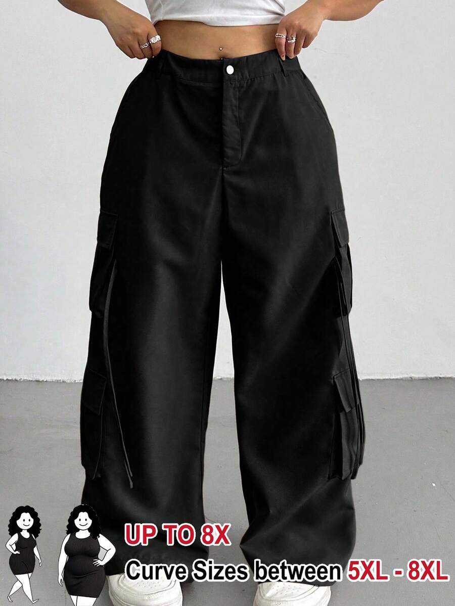 SHEIN CURVE+ 大码女式休闲通勤黑色工装裤 - 黑色 - 查看 1