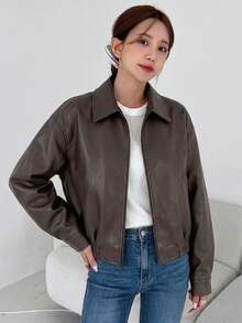 DAZY Spring New Vintage Leather Jacket, Short Style, Regular Fit, Suitable For Valentine's Day - Brown - View 5