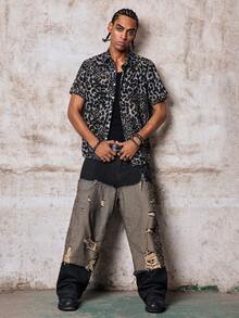 Skyrend Men's Casual Business Leopard Grain Textured Short Sleeve Shirt, Black, Summer Grunge - Black - View 3