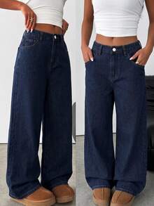 SHEIN Tween Girl Tween Girl Girls' Big Tween Girl Autumn/Winter Deep Blue Denim Fleece Lined Loose Fit Long Pants - Blue - View 4