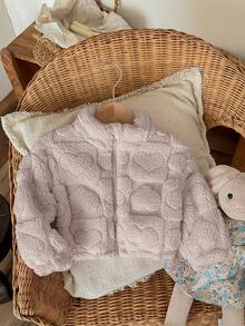 SHEIN LMoss Kids LMoss 女嬰可愛休閒毛絨立領夾克，愛心圖案，適合秋冬穿著 - 卡其色 - 查看 10