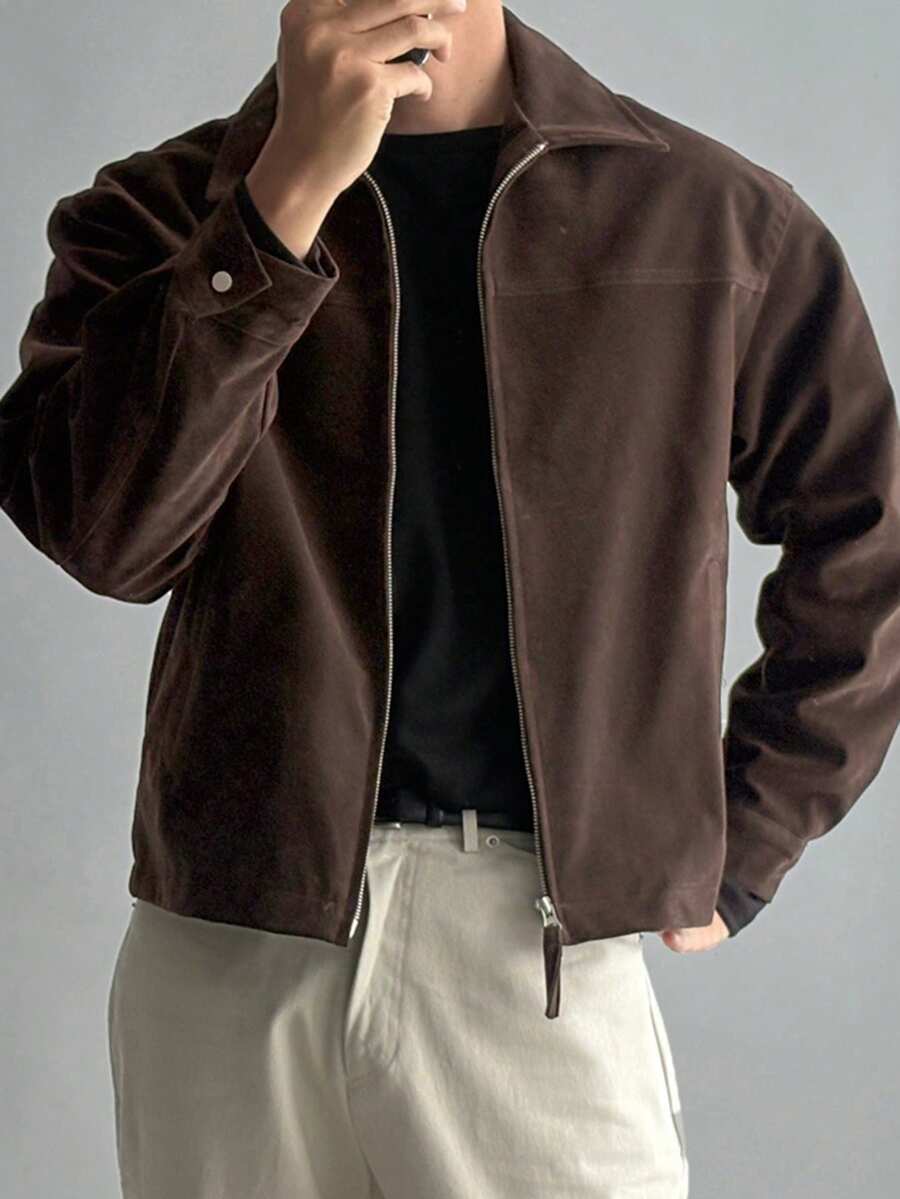 DAZY Spring/Autumn Brown Suede Fabric Short Solid Color Commuter Men's Jacket And Coat - Brown - View 1