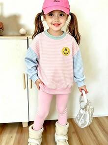 SHEIN 女童拼色條紋運動衫與內搭褲套裝 - 彩色 - 查看 1