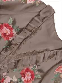 EMERY ROSE 女款度假風花卉圖案拼接荷葉邊時尚優雅襯衫，適合早午餐與度假，棕色花卉秋季款 - 深灰色 - 查看 7