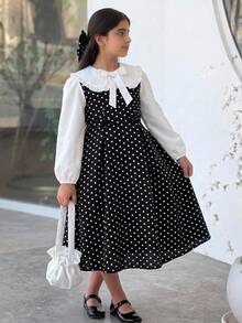 SHEIN Tween女孩女童連衣裙 春秋冬款 梭織波點白色可愛彼得潘領 荷葉邊蝴蝶結裝飾拼接中長洋裝 - 卡其色 - 查看 6