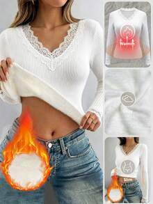 SHEIN LUNE Women's Fashion Lace Patchwork Long Sleeve French Style Sweater For Daily Wear - White - View 4