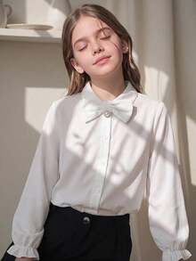 Young Girl Young Girl Woven Solid Color 3D Bow Casual Shirt - White - View 2