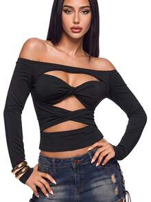 SHEIN ICON Top negro para salir con hombros descubiertos, corte frontal torcido con abertura - Negro - Ver 1