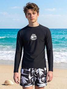 SHEIN 2pcs/Set Teen Boys' Swimwear,Black Long Sleeve Rashguard With Sunset Palm Tree Print,Contrast Color Swim Trunks,Summer,Beach,Holiday,Streetwear - Black and White - View 1