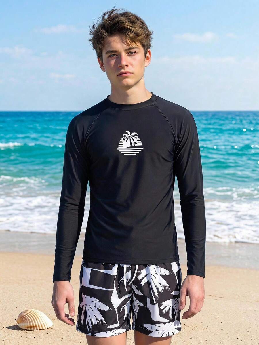 SHEIN 2pcs/Set Teen Boys' Swimwear,Black Long Sleeve Rashguard With Sunset Palm Tree Print,Contrast Color Swim Trunks,Summer,Beach,Holiday,Streetwear - Black and White - View 1