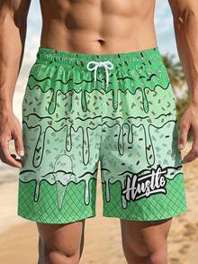 SHEIN Boys' Single Piece Beach Shorts With Custom Print - Green - View 1