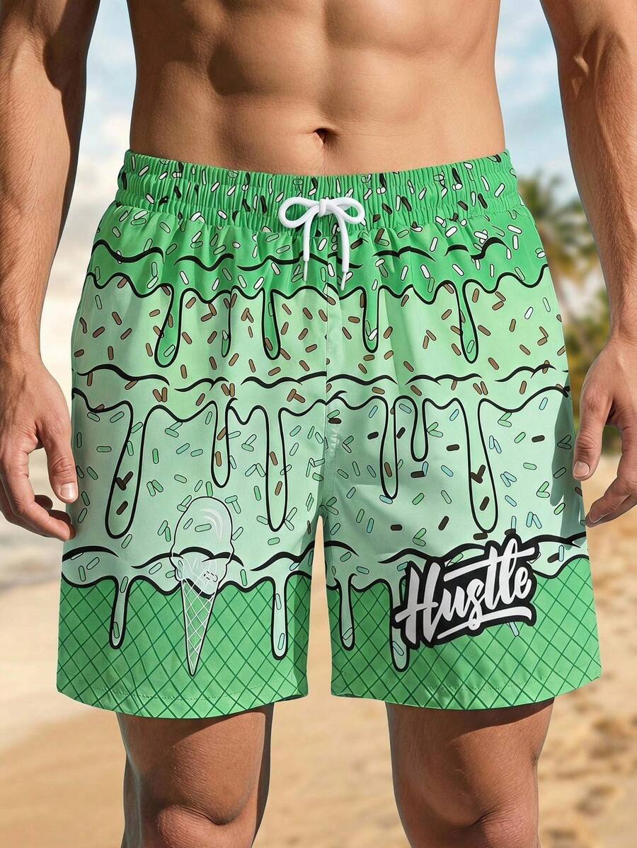 SHEIN Boys' Single Piece Beach Shorts With Custom Print - Green - View 1