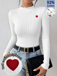 SHEIN Frenchy 92% Cotton Women's Ribbed Long Sleeve T-Shirt With Heart Embroidery Patch,Slim Fit White Turtleneck Layer For White And Red,Autumn,Modest,Date,Daily - White - View 1