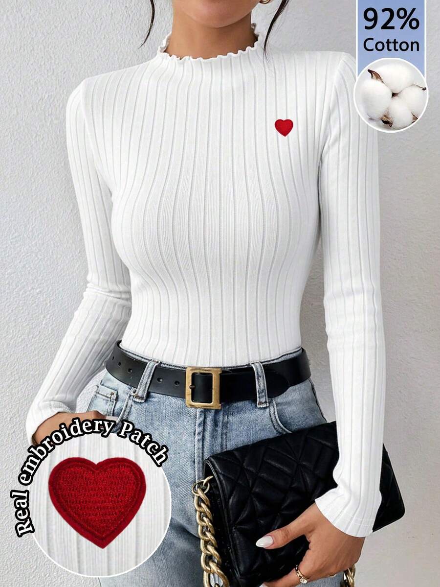 SHEIN Frenchy 92% Cotton Women's Ribbed Long Sleeve T-Shirt With Heart Embroidery Patch,Slim Fit White Turtleneck Layer For White And Red,Autumn,Modest,Date,Daily - White - View 1