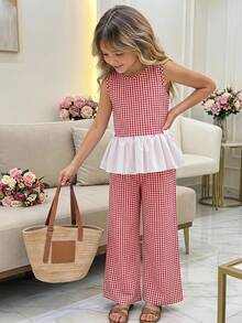 SHEIN 2pcs/Set Tween Girls Sleeveless Shirt With Bow Buttons & Plaid Patchwork + Long Pants, Spring/Summer - Red - View 1