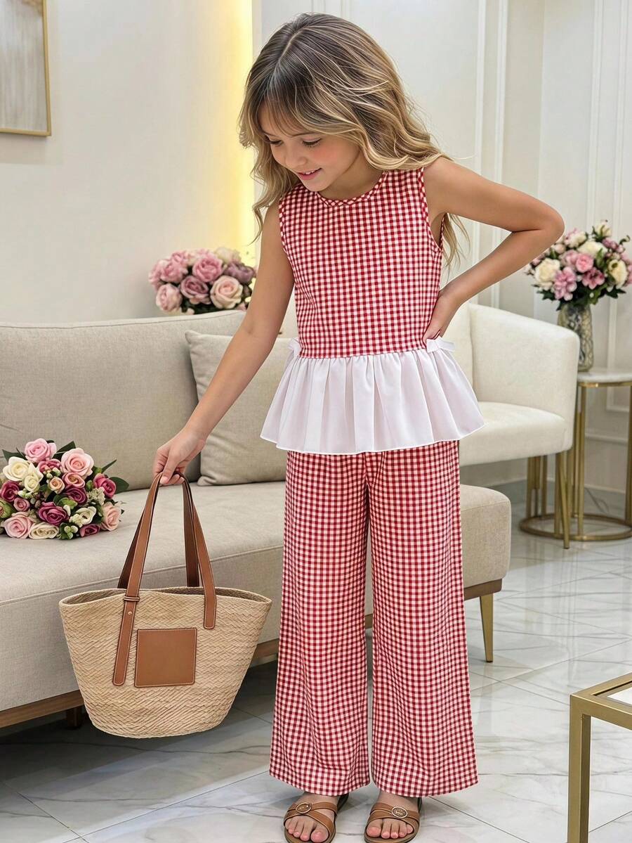 SHEIN 2pcs/Set Tween Girls Sleeveless Shirt With Bow Buttons & Plaid Patchwork + Long Pants, Spring/Summer - Red - View 1