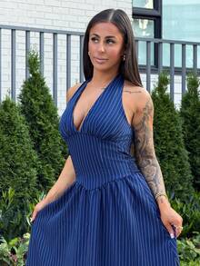 SAYEHFBABY Elegant Summer Navy Blue And White Striped Halter Neck Maxi Dress,Flowy Skirt Bodycon Waist Vacation Women's Dress For Dinner Party,Formal Wear - Blue - View 3
