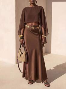 Zivah New Summer Hottest Selling Vacation Boho Nomadic Loose-Fitting Brown Cape Shawl Shorter Front And Longer Back Women Top, Suitable For Everyday Wear, Vacations, Travel, Beaches, Party, Airport, Brunch, Elegance, Boho , Nomadic, Casual , Shopping, Commuting, Graduation , Country Concert - Brown - View 6